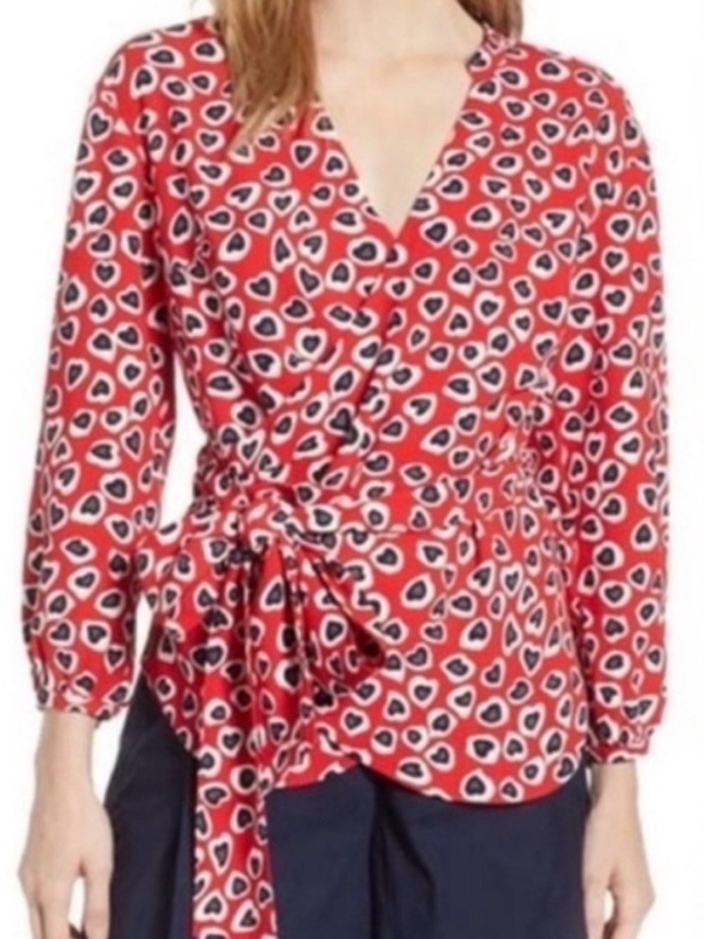 J. Crew Red Heart-Print Wrap Blouse Size M